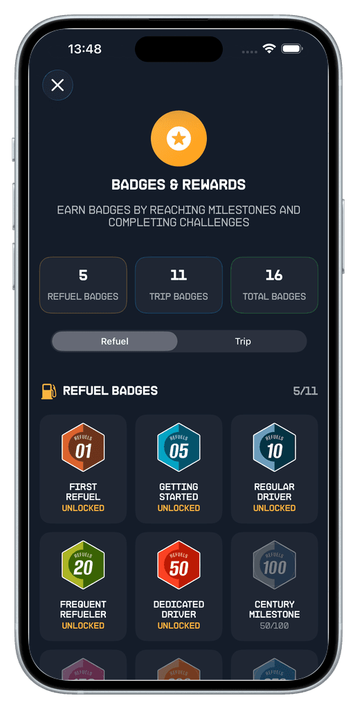 Achievements screen showing unlocked badges and safe-driving milestones