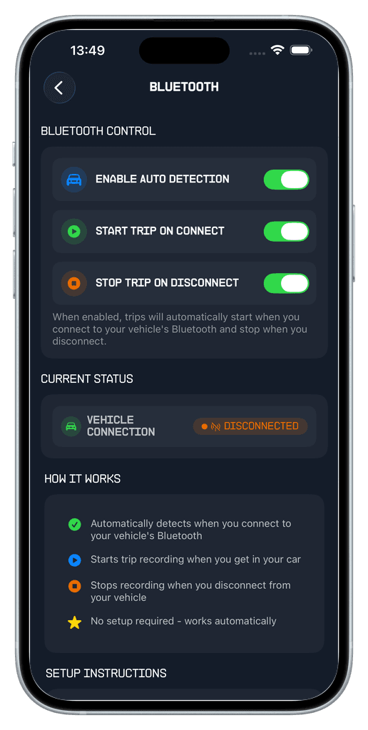 Bluetooth settings screen pairing the app with a vehicle