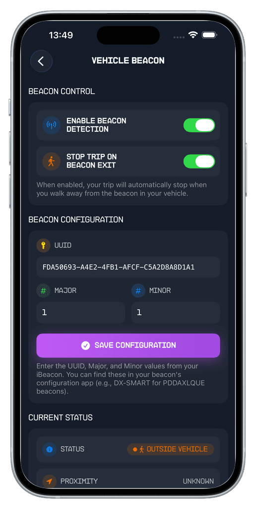 iBeacon setup screen for automatic hands-free trip detection