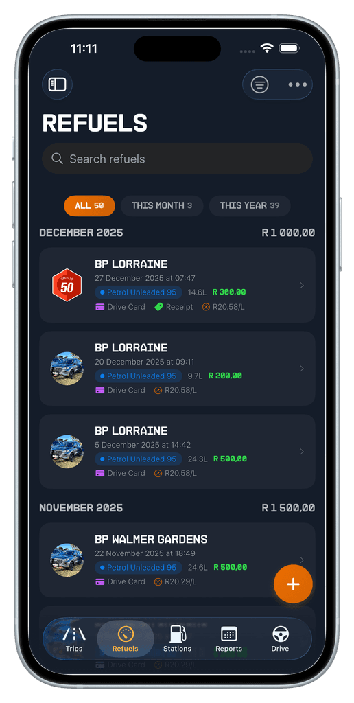 Refuel history listing each fill-up with station, price and calculated economy
