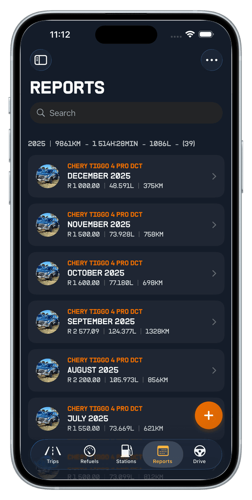 Monthly report screen charting fuel consumption, costs and driving trends
