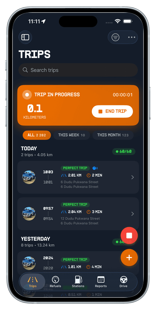 A trip in progress, with live distance, duration and speed metrics