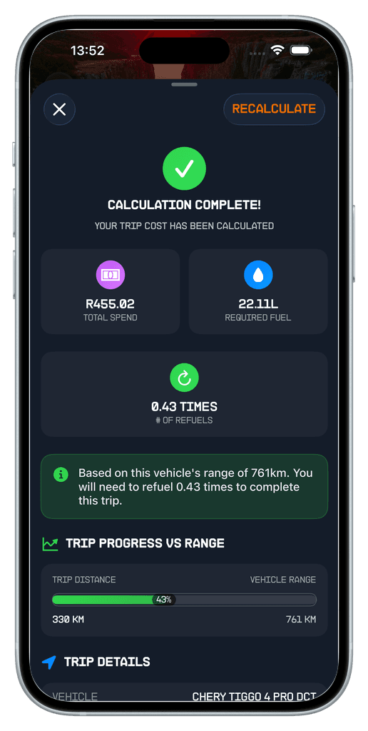 Trip cost calculator with distance, consumption and fuel price inputs