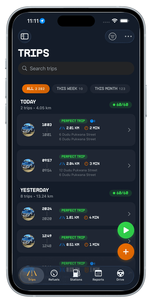 Trips list grouped by day, each row showing distance, duration and a perfect-trip badge