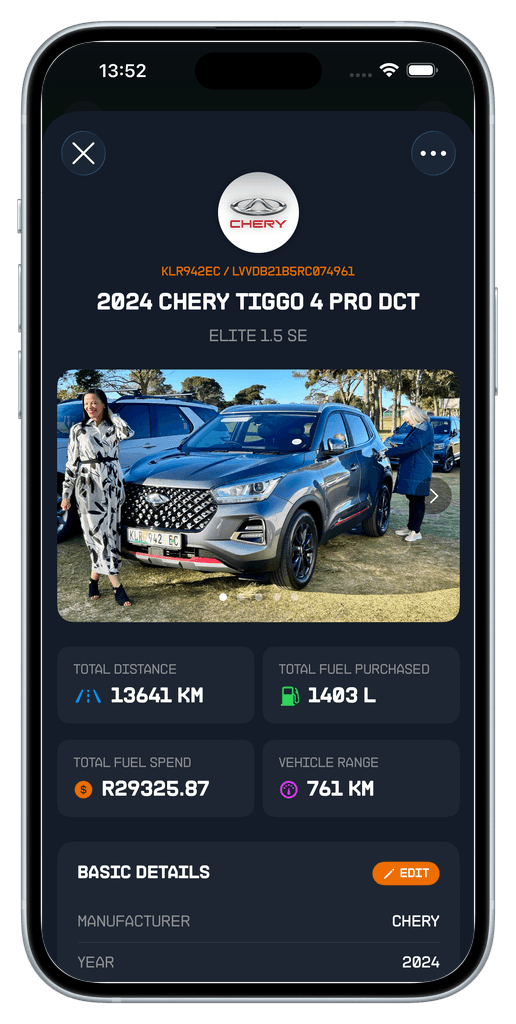 Vehicle profile screen with specifications, insurance and finance details